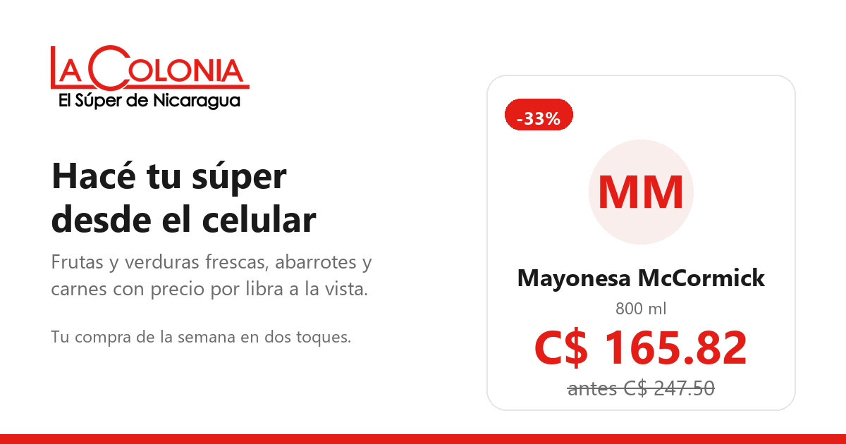 Tarjeta de WhatsApp del prototipo: logo de La Colonia, titular y un producto con su precio y su descuento